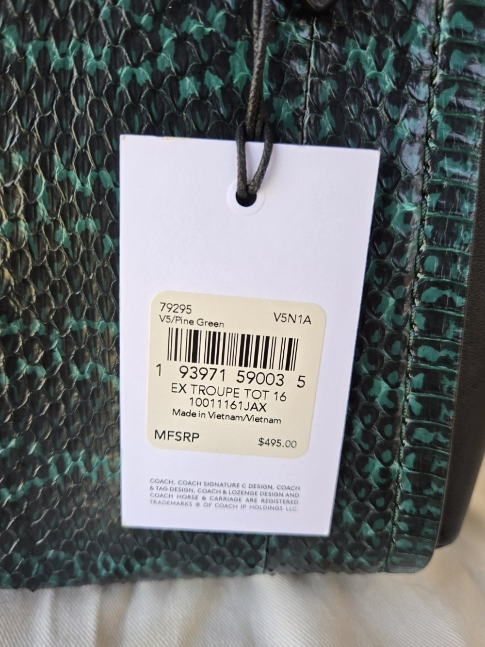 Beautiful Coach Troupe Tote 16 in Pine Green with genuine snakeskin